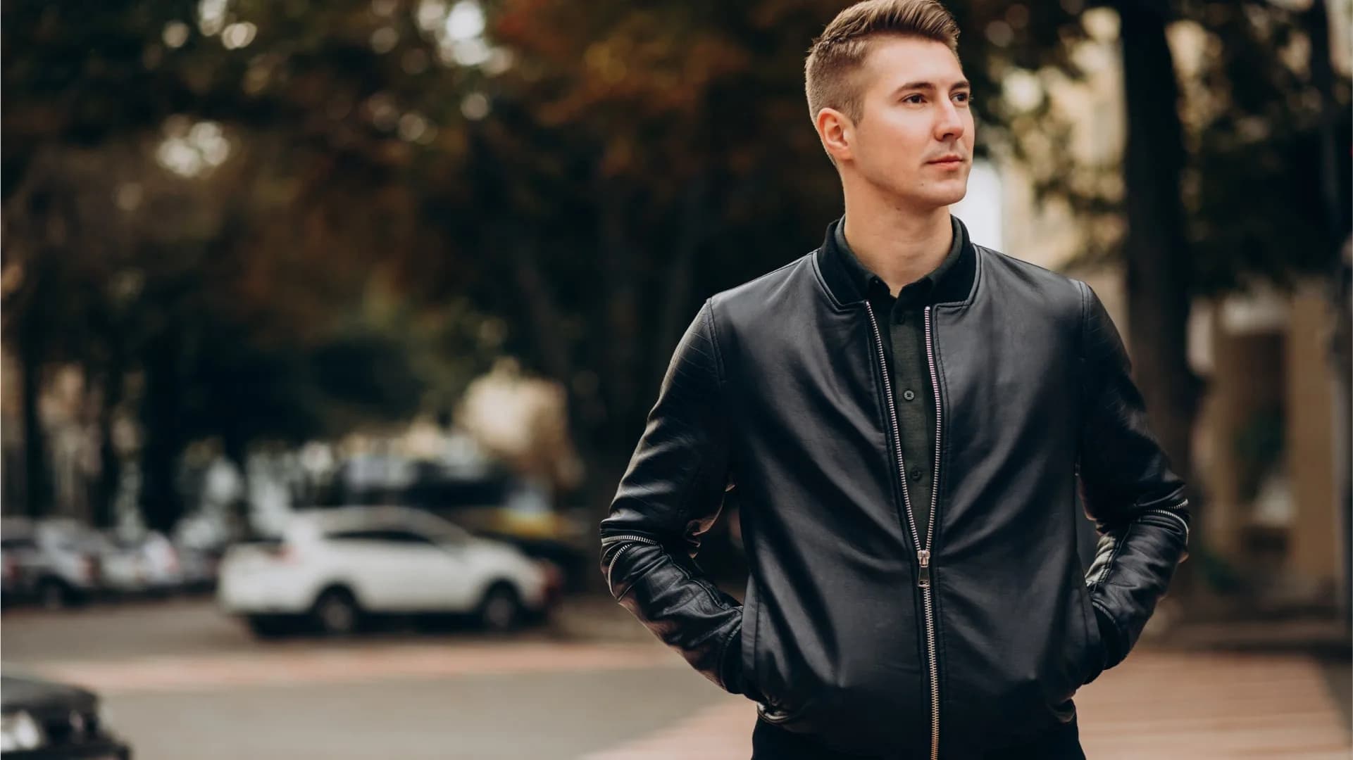 Man wearing a classic black biker leather jacket - best leather jackets for men 2025.
