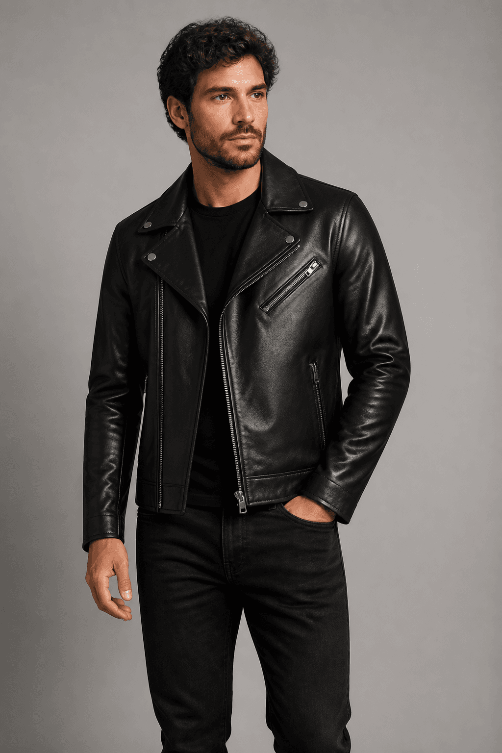 Black asymmetric leather outerwear — imaginary demo product