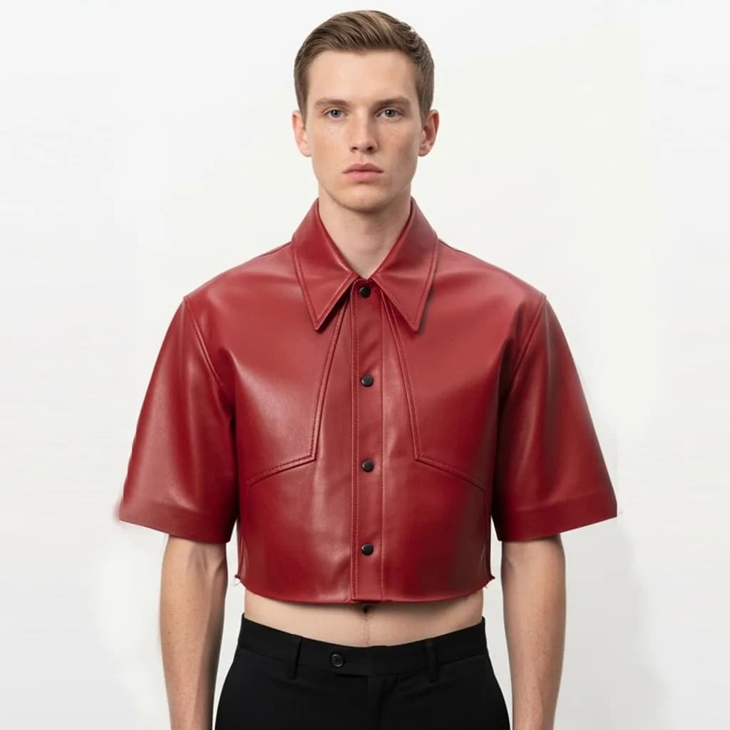 cropped red leather shirt trigger guard front view