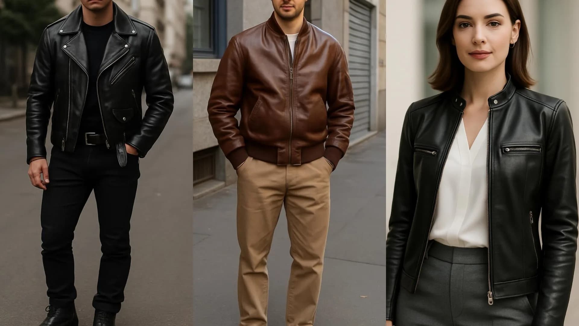 Man showcasing edgy biker leather jacket styles.