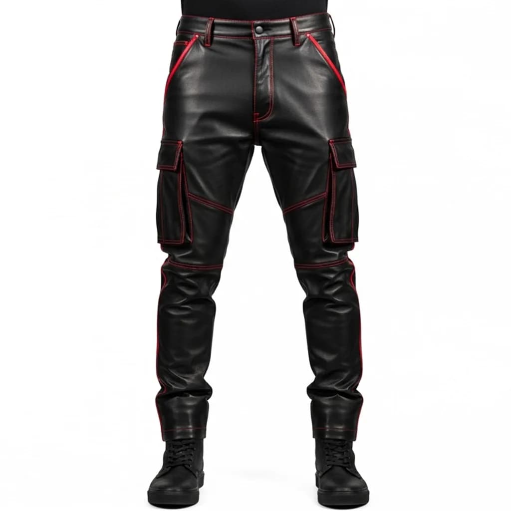 black and red leather cargo pants lava storm front view