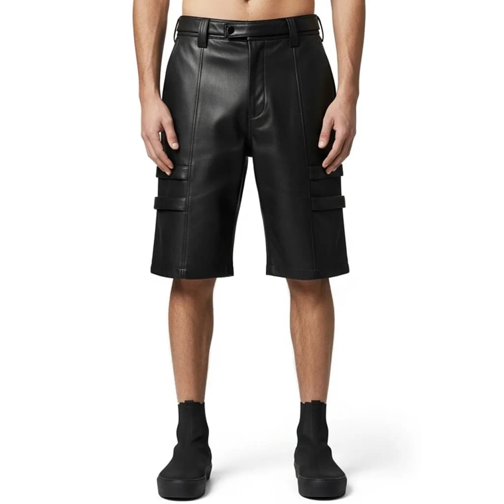 black leather cargo shorts strapline core front view