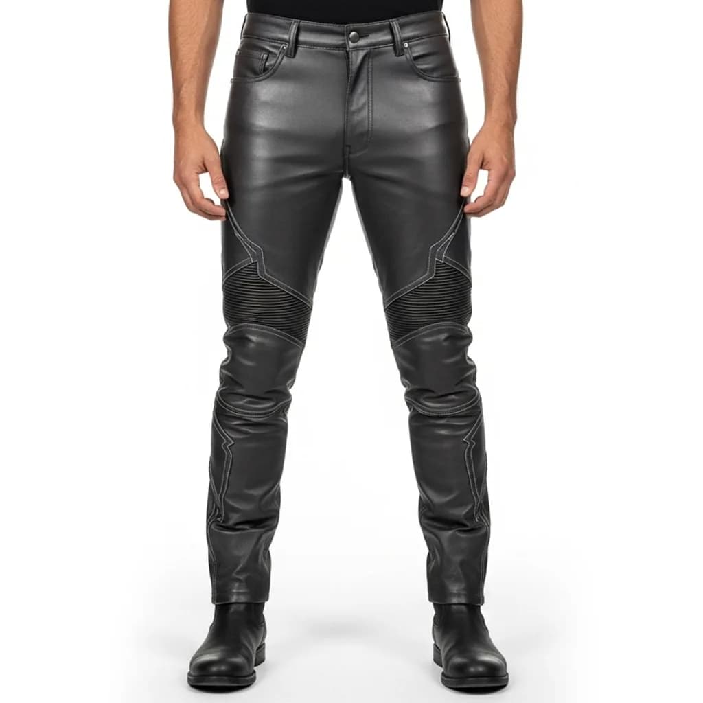 dark gray leather biker pants thunderstrike front view