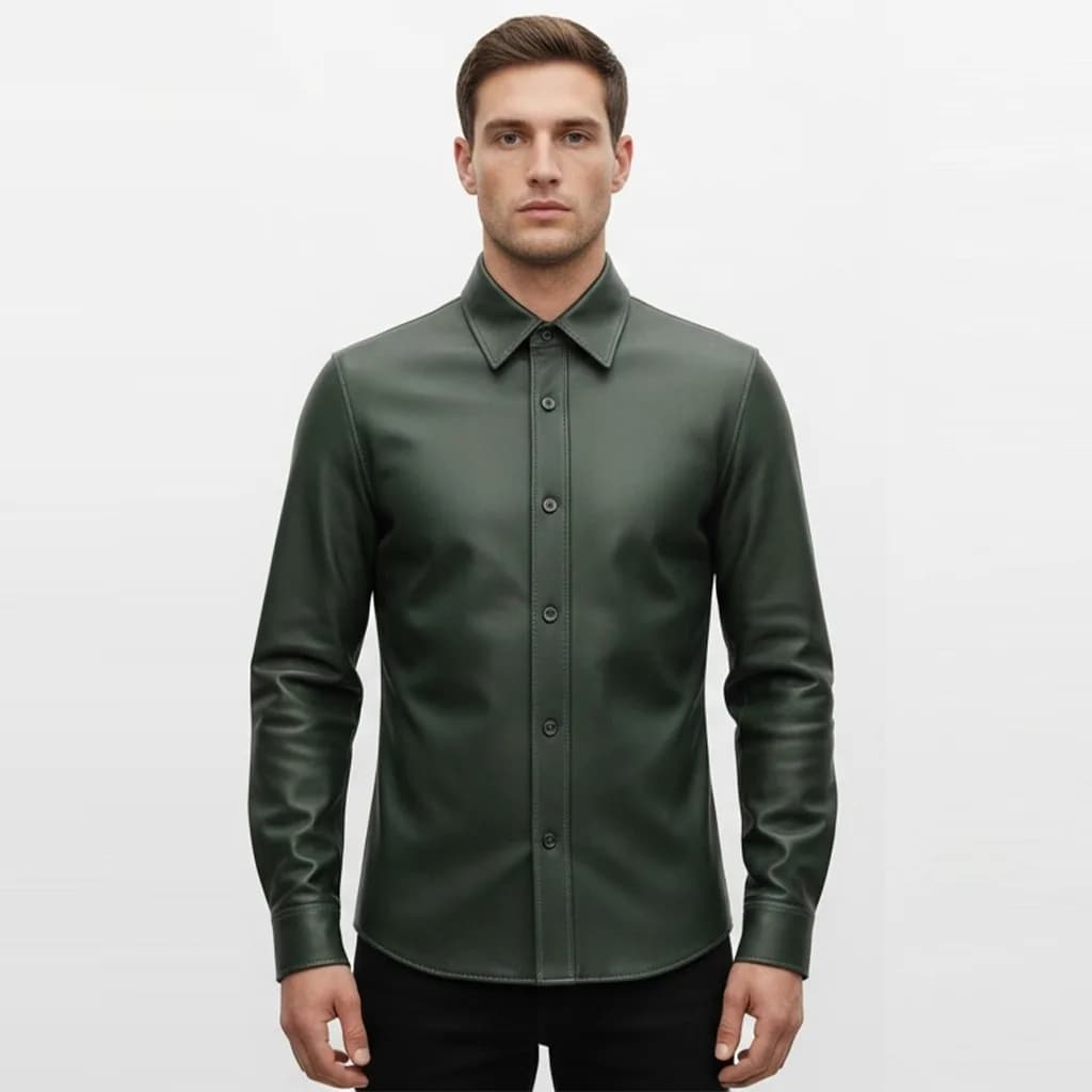 vegan leather green shirt whisk front view
