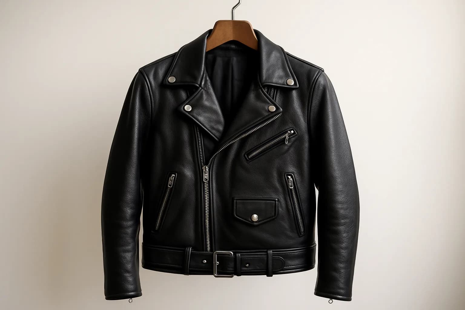 Classic black biker leather jacket investment showcasing timeless style and quality craftsmanship.