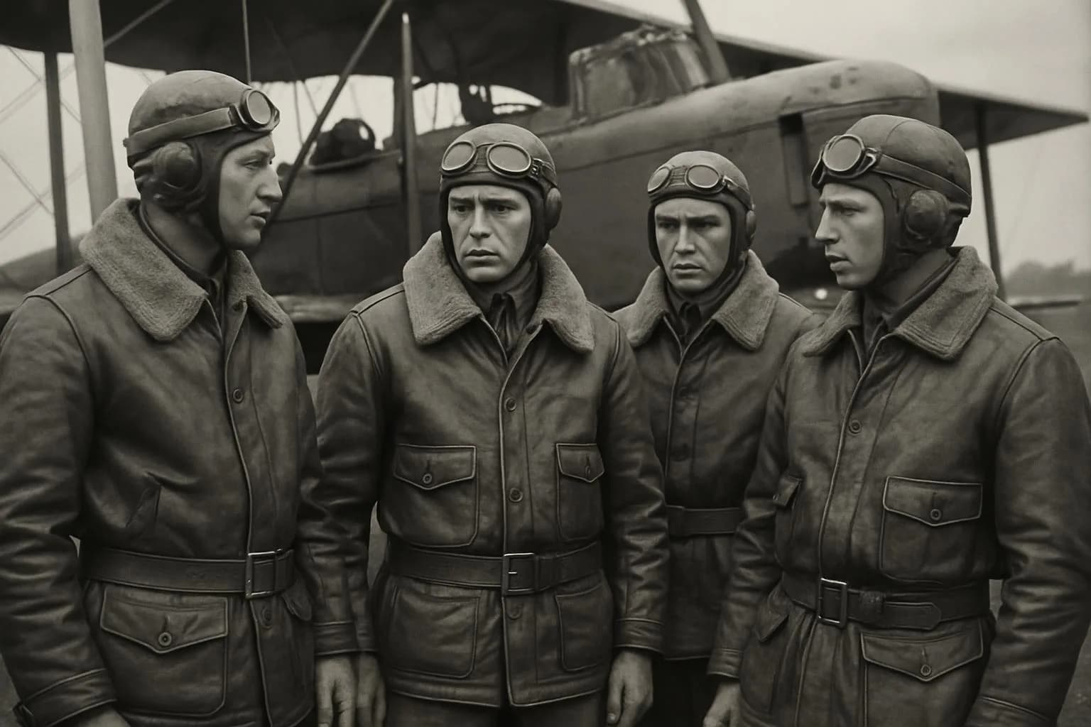 Early aviators in leather flight jackets, showcasing military leather jacket history.