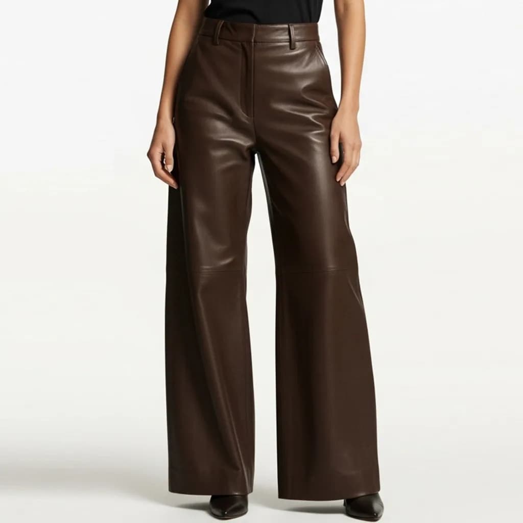 brown wide leg leather trousers sable fluid front view