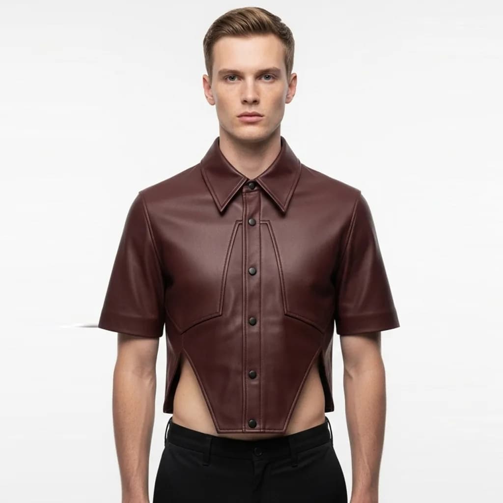 burgundy cropped leather shirt rogue edge front view