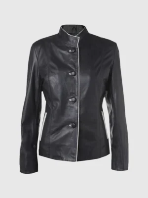 Custom Women’s Piped Leather Mandarin Blazer Handmade
