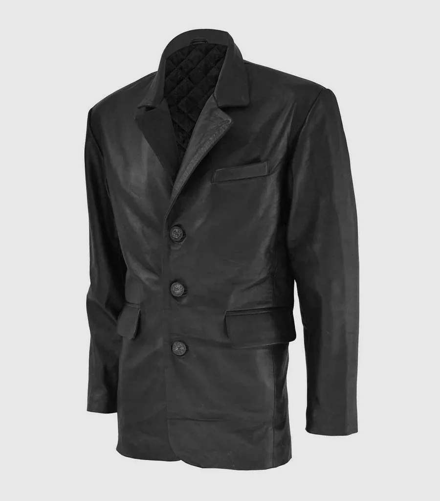 3 Button Black Leather Coat
