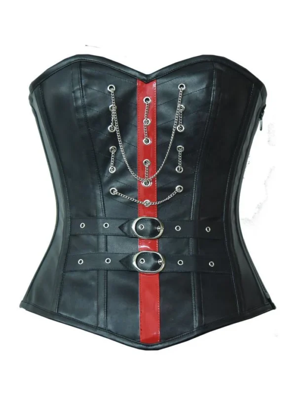 Chiesa Black Leather Overbust Corset With Red PVC Stripe