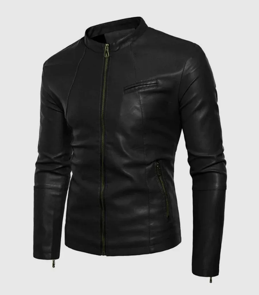 Small Collar Black Leather Jacket