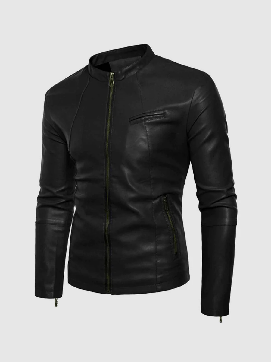 Small Collar Black Leather Jacket