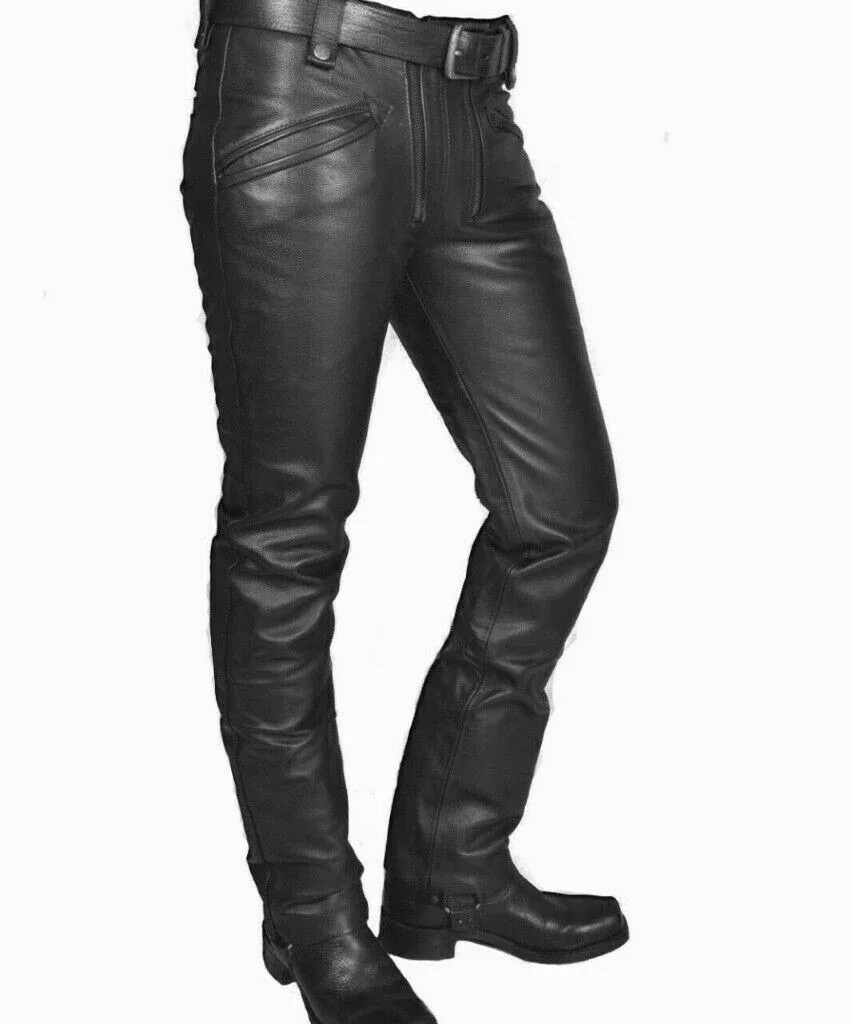 Men's Black Genuine Leather Pants Jeans