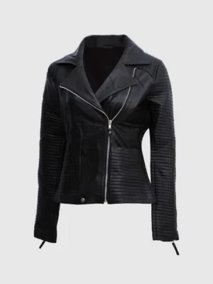 Custom Women’s Ribbed Panel Leather Biker Jacket