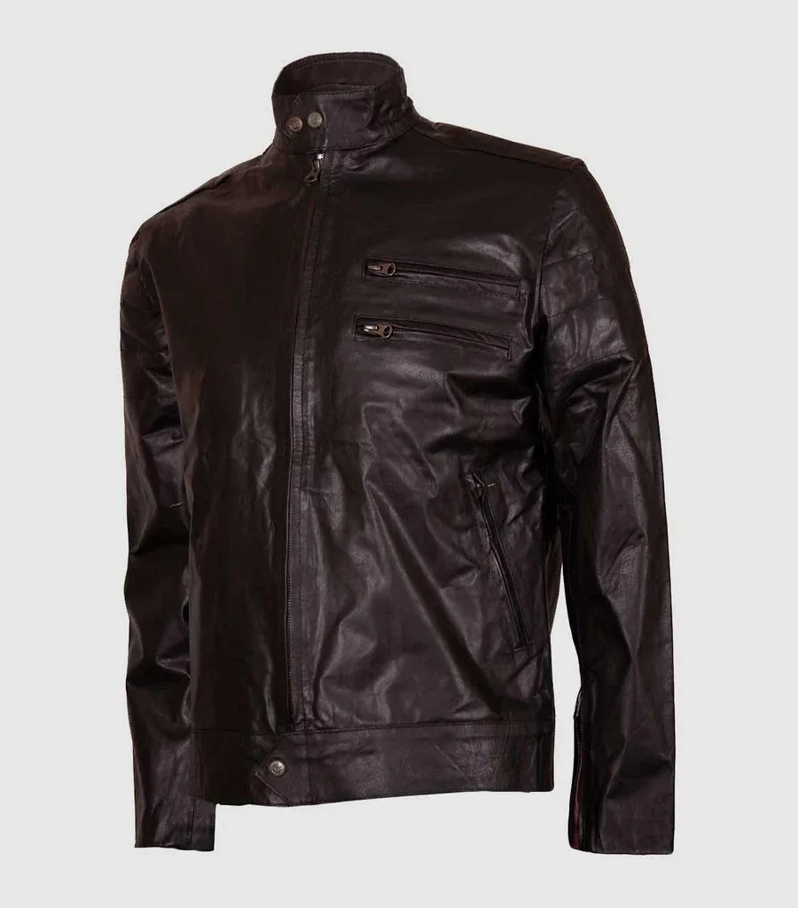 Classic Trim Fit Short Leather Jacket for Men