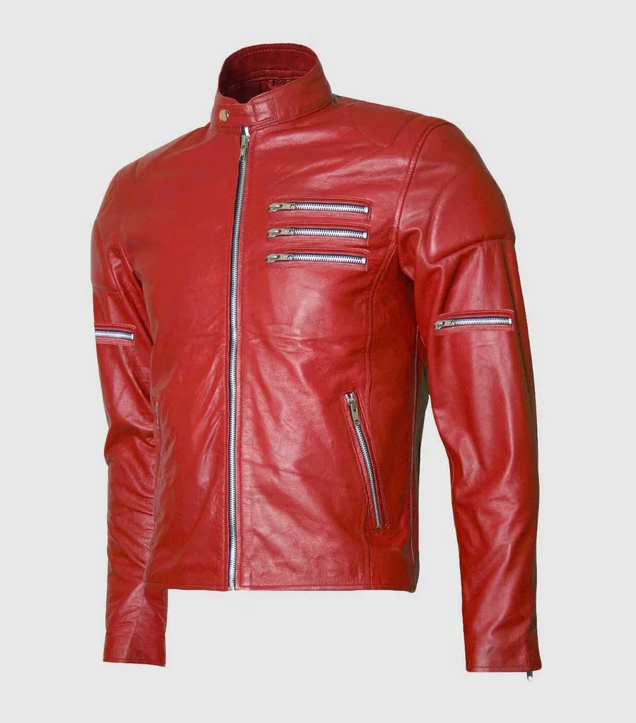 Classic Zipper Style Red Leather Jacket Men