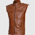 Flapper Style Men Tan Sleeveless Leather Jacket