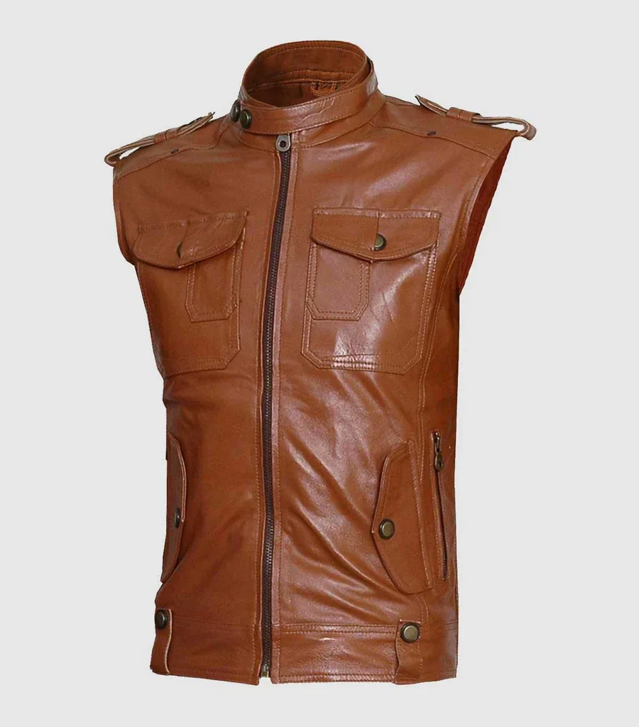 Flapper Style Men Tan Sleeveless Leather Jacket