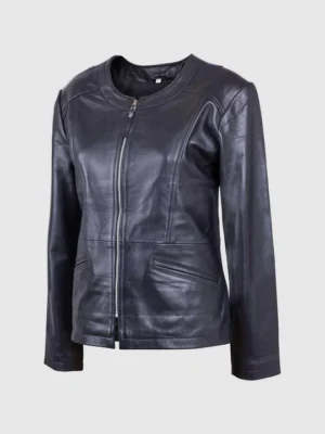 Custom Women’s Round Neck Leather Biker Jacket Handmade