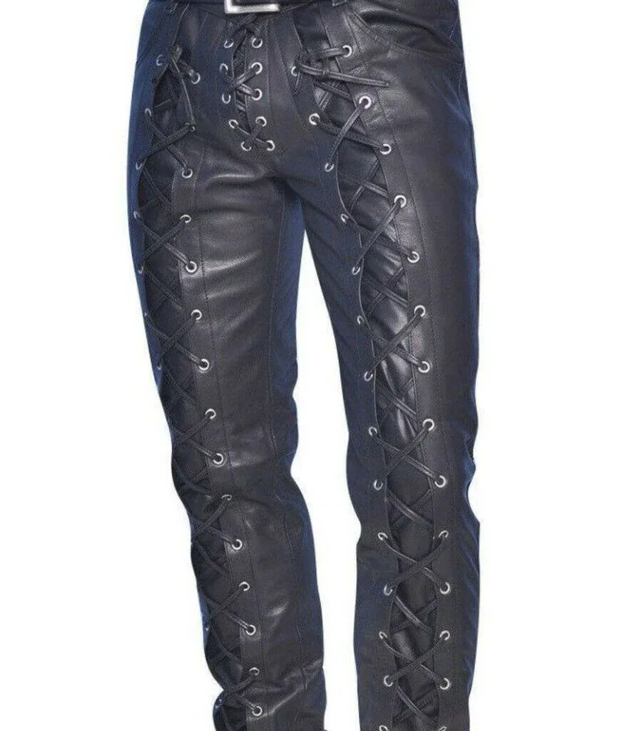 Men's Genuine Leather Laced Biker trouser pants