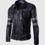 Black Leather Jacket with Gray Stripes