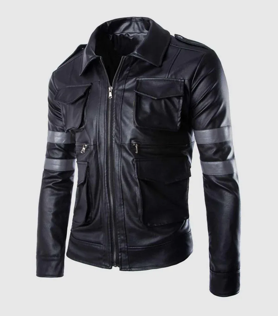 Black Leather Jacket with Gray Stripes