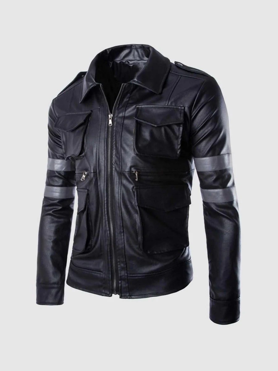 Black Leather Jacket with Gray Stripes