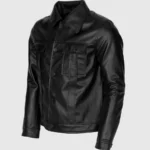 Men Black Leather Jacket with Folded Collar