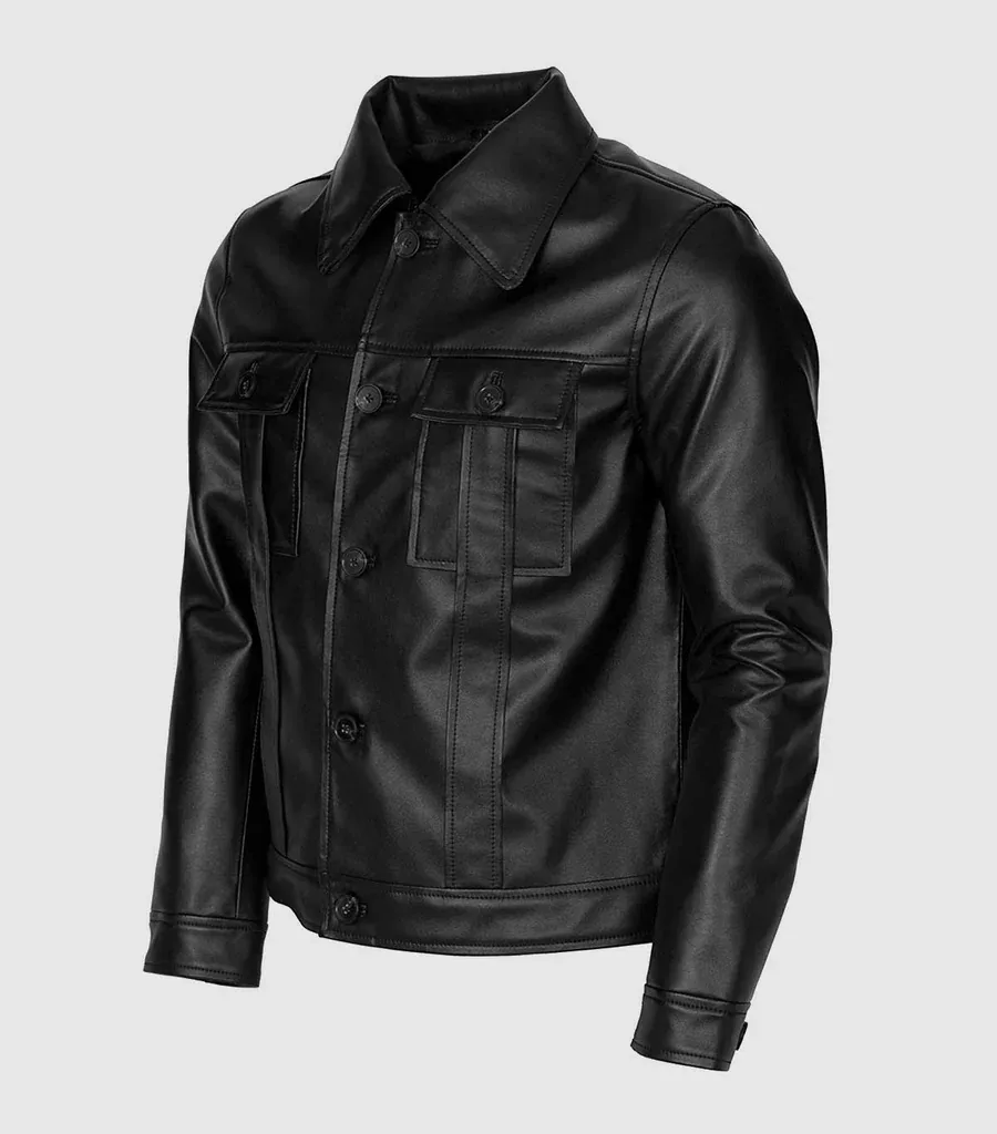 Men Black Leather Jacket with Folded Collar