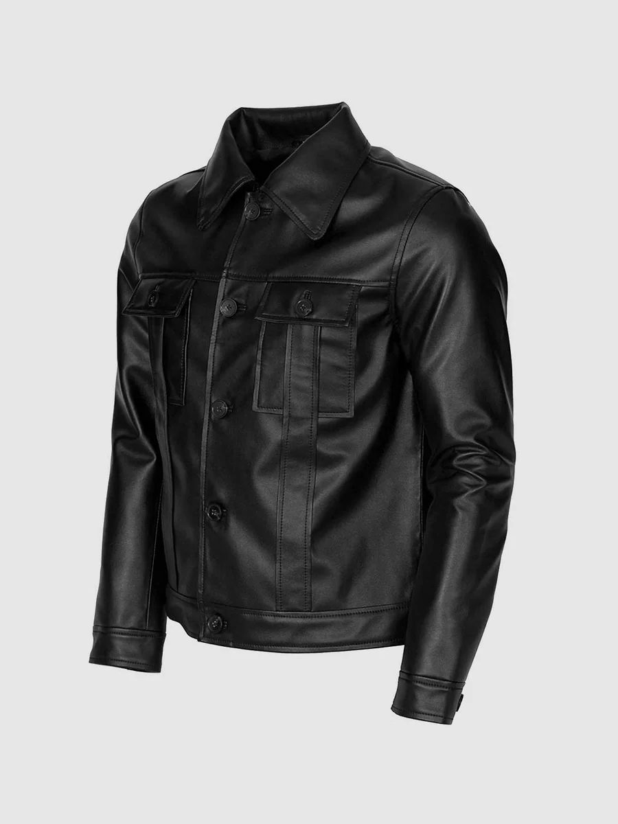 Men Black Leather Jacket with Folded Collar Men Black Leather Jacket with Folded Collar