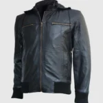 Black Leather Hooded Bomber Jacket