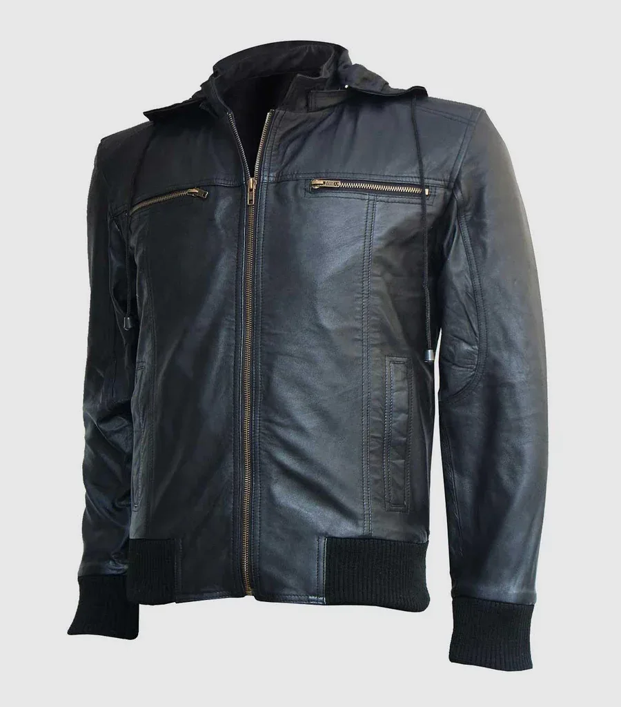 Black Leather Hooded Bomber Jacket