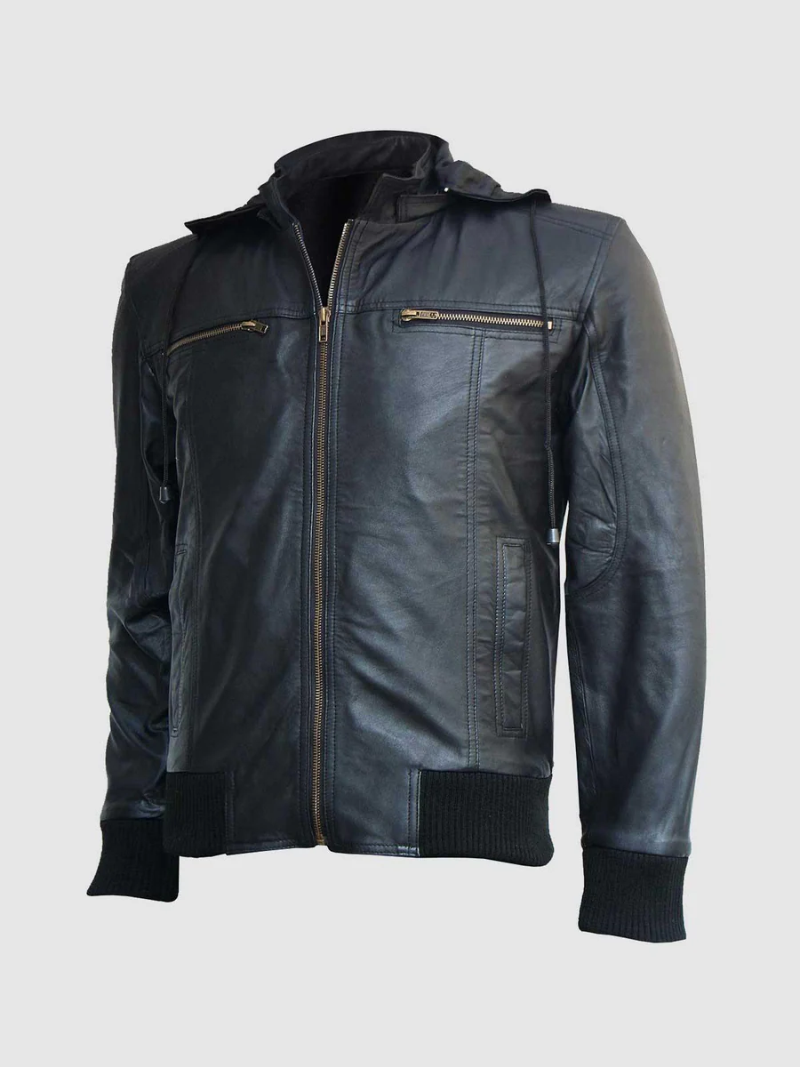 Black Leather Hooded Bomber Jacket Black Leather Hooded Bomber Jacket