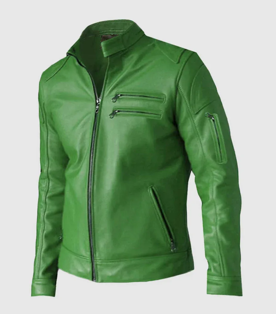 Regular Fit Part Wear Men Green Leather Jacket