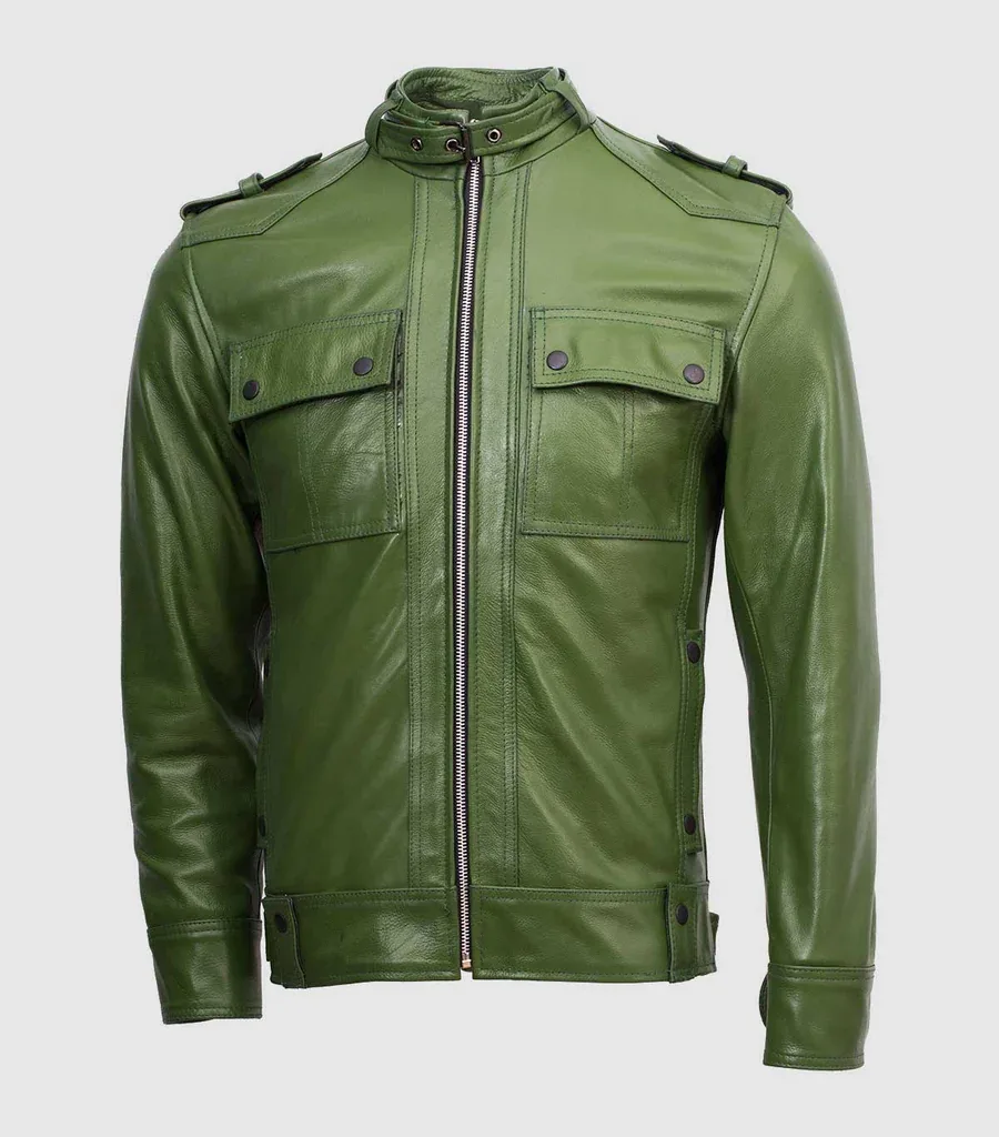 Slim Fit Men Green Biker Jacket