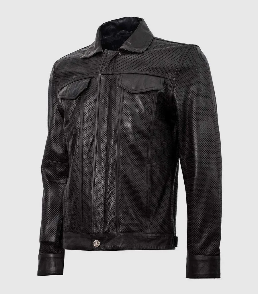 Summer Jacket -Leather Collar Biker Jacket in Black