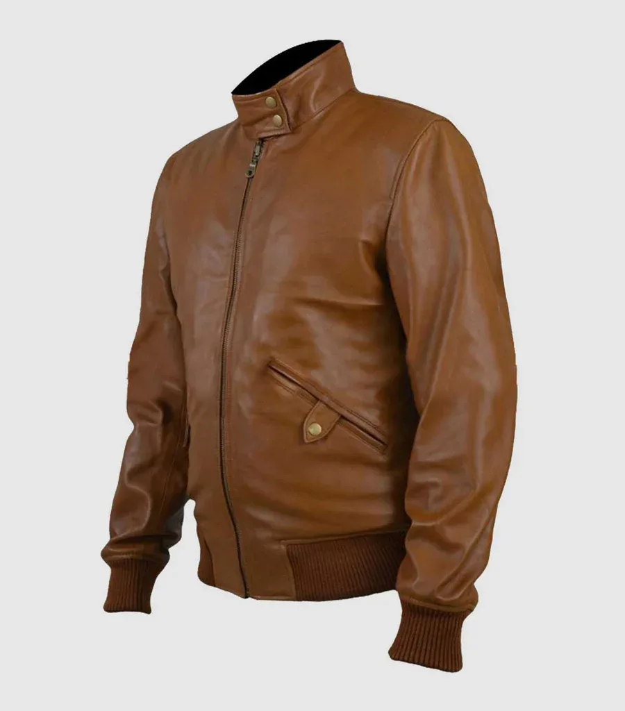 Tan Leather Bomber Jacket Men