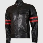 Leather Biker Jacket with Red Stripes