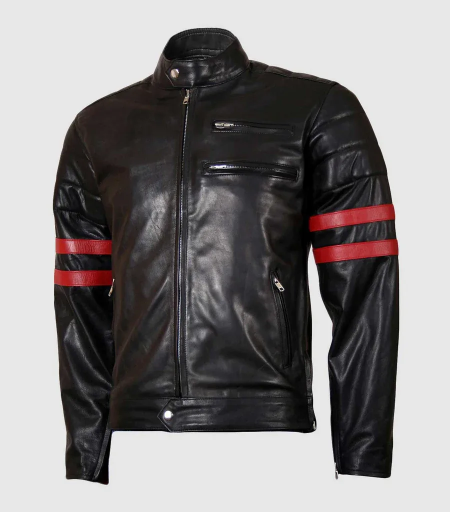 Leather Biker Jacket with Red Stripes