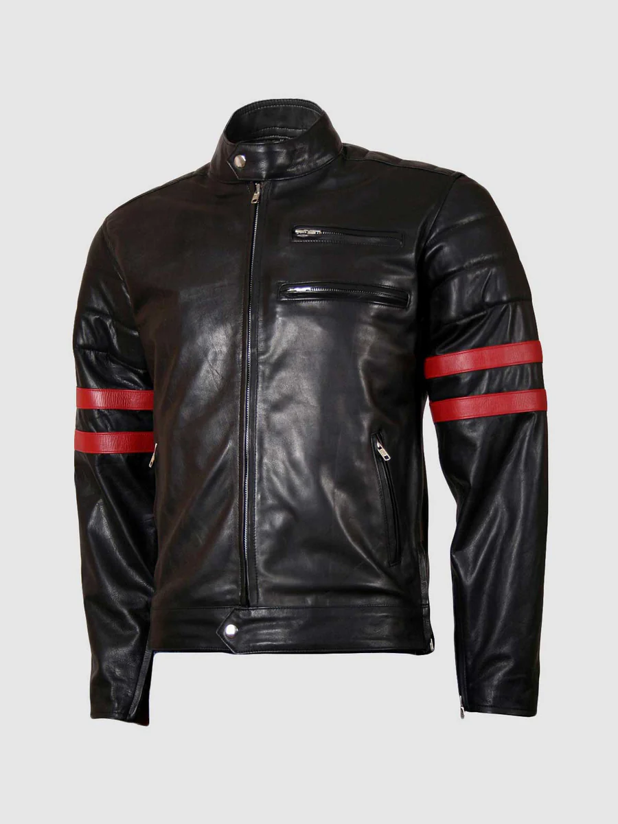 Leather Biker Jacket with Red Stripes Leather Biker Jacket with Red Stripes Leather Biker Jacket with Red Stripes