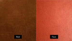 Detailed comparison texture shot: Real vs Faux Leather side-by-side highlighting differences in grain and pores.