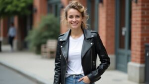 Casual leather jacket outfits for women featuring a white tee and denim.