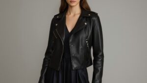Elegant leather jacket styling for a formal evening.