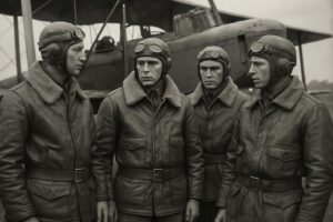 Early aviators in leather flight jackets, showcasing military leather jacket history.