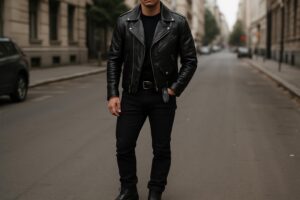 Man showcasing edgy biker leather jacket styles.