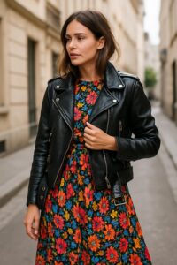 Woman demonstrating versatile how to style leather jacket options with a biker jacket.