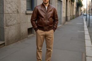 Casual leather jacket styles: A person wearing a comfortable bomber jacket.