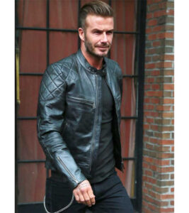 David Beckham looking sharp and stylish in a quilted celebrity leather jacket.