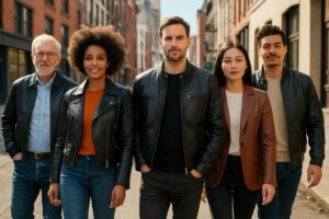Modern diverse group showcasing the timeless appeal and versatility of leather jacket styles.